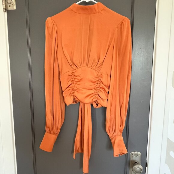 Free People Rust Orange Open Back Satin Top Blouse Tie High Neck XS Extra Small - Picture 1 of 14